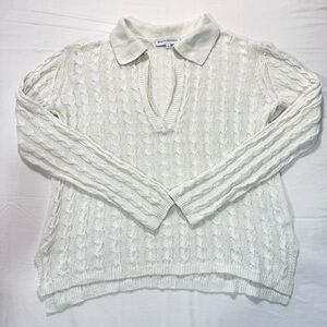 White + Warren Sweater Women’s Large White Linen Cotton Cable Knit Preppy